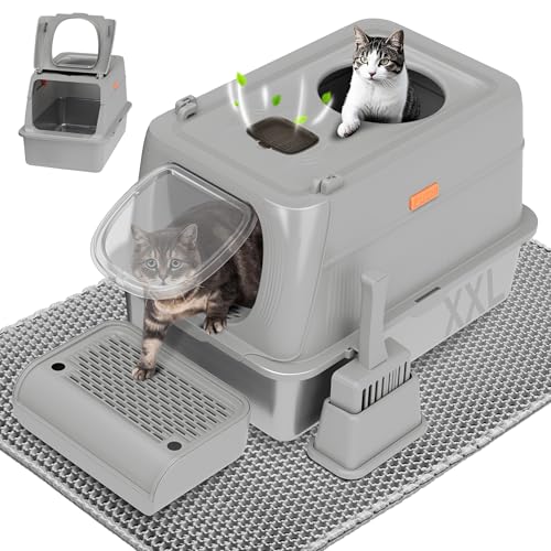 Citylife Katzentoilette aus Edelstahl mit Deckel, Front- & Top-Eingang, extra großes Metall-Kitty-Katzentoilettengehege mit Schaufel & Doppelschichtmatte, Anti-Auslaufen, antihaftbeschichtet, Hellgrau von ITYLIFE CITYLIFE