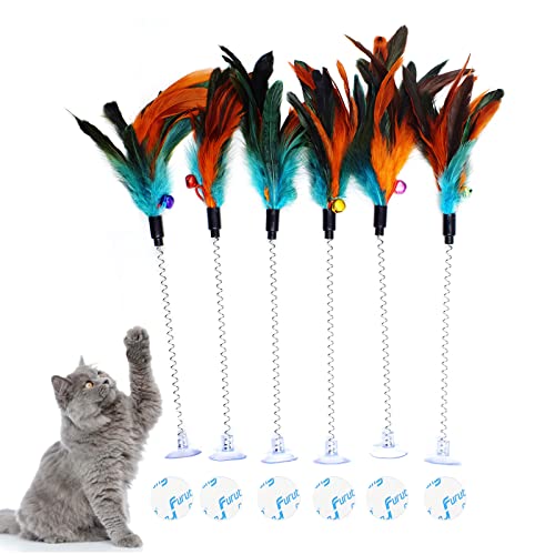 Katzenfederstäbe, 6 Stück Frühlings-Katzenstäbe mit Glocken-Saugnapf, interaktive Katzen-Teaser-Zauberstäbe für Katzen und Kätzchen von IUHKBH