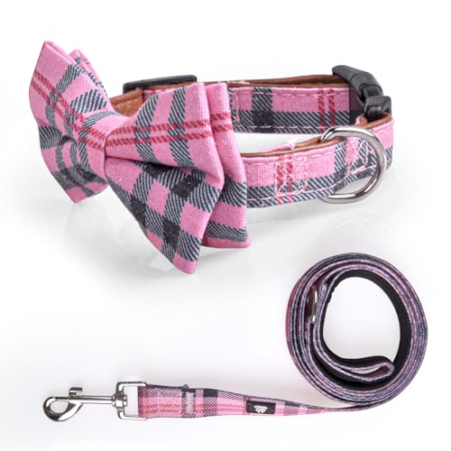 IVY&LANE Hundehalsband mit Fliege und Leine, kariert, verstellbar, abnehmbare Fliege, 152 cm, für kleine, mittelgroße und große Hunde, kariert, Rosa, Größe M, 3-teilig von IVY&LANE