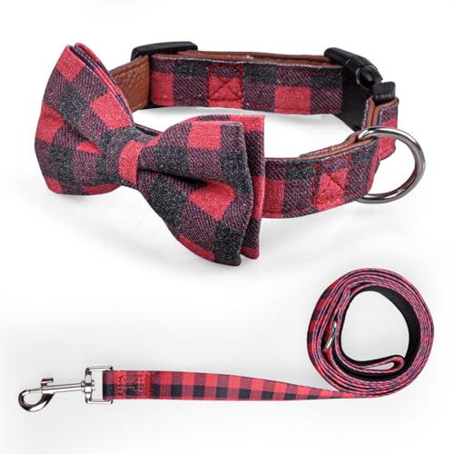 IVY&LANE Hundehalsband mit Fliege und Leine, kariert, verstellbar, abnehmbare Fliege, 152 cm, für kleine, mittelgroße und große Hunde, kariert, Rot, Größe L, 3-teilig von IVY&LANE