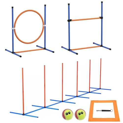 IVhomeshop Agility-Trainingsgerät für Hunde und Haustiere, Agility-Hindernis-Trainingskurse, 3,2 m abnehmbare gewebte Stangen, verstellbarer hoher Sprungring, Hürde, Pausenbox, Tennisbälle, Pfeife, von IVhomeshop