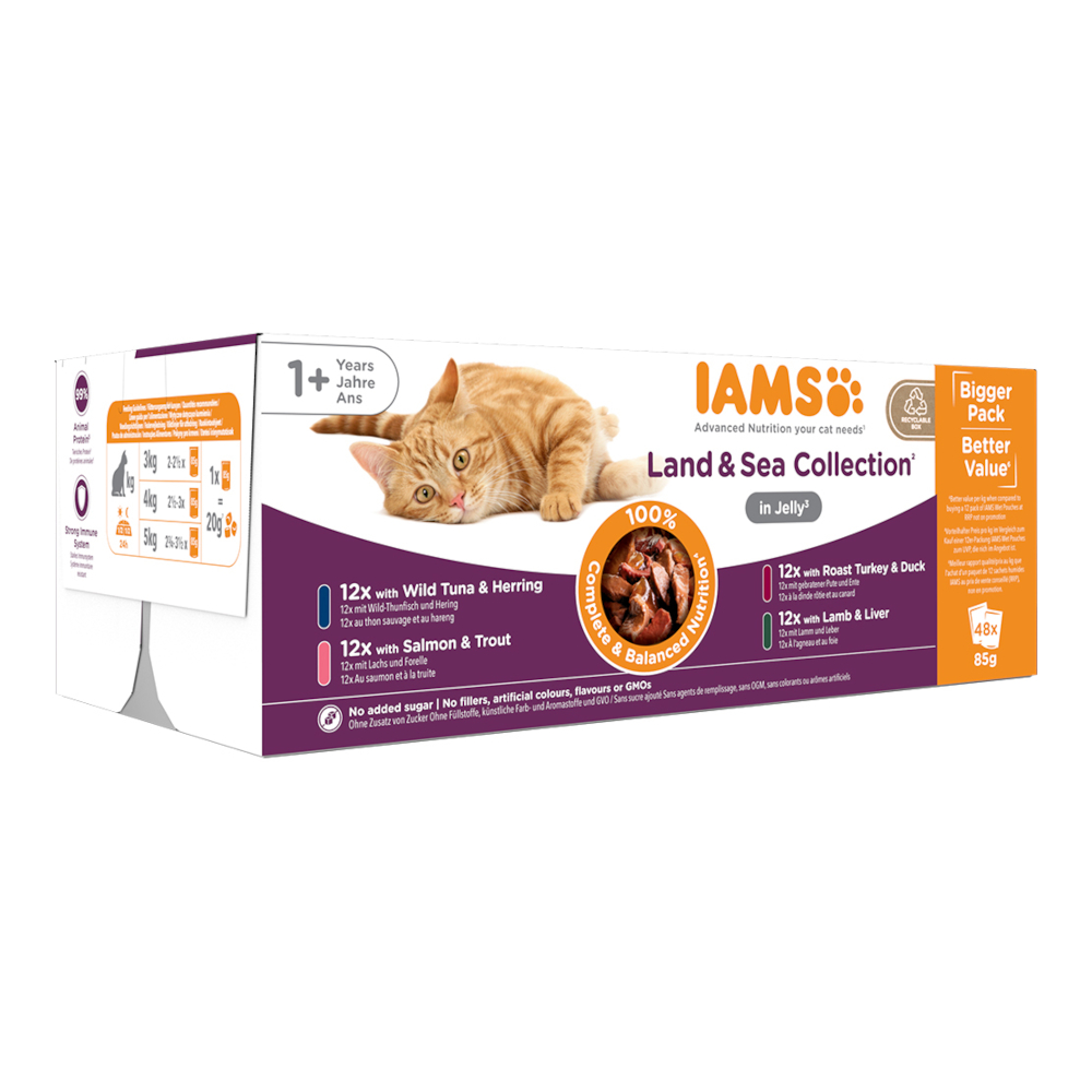 36 + 12 gratis! 48 x 85 g IAMS Advanced Nutrition Adult Land & Sea Mix - in Gelee von Iams