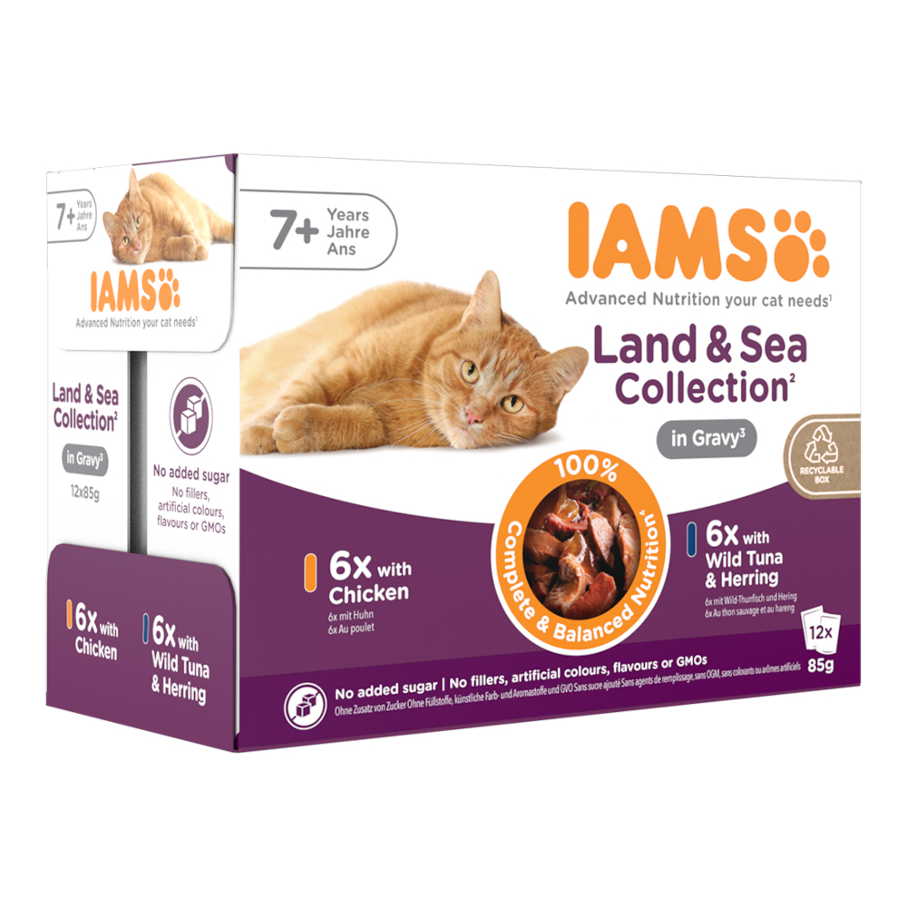 36 + 12 gratis! 48 x 85 g IAMS - Advanced Nutrition Senior Land & Sea Collection in Sauce von Iams