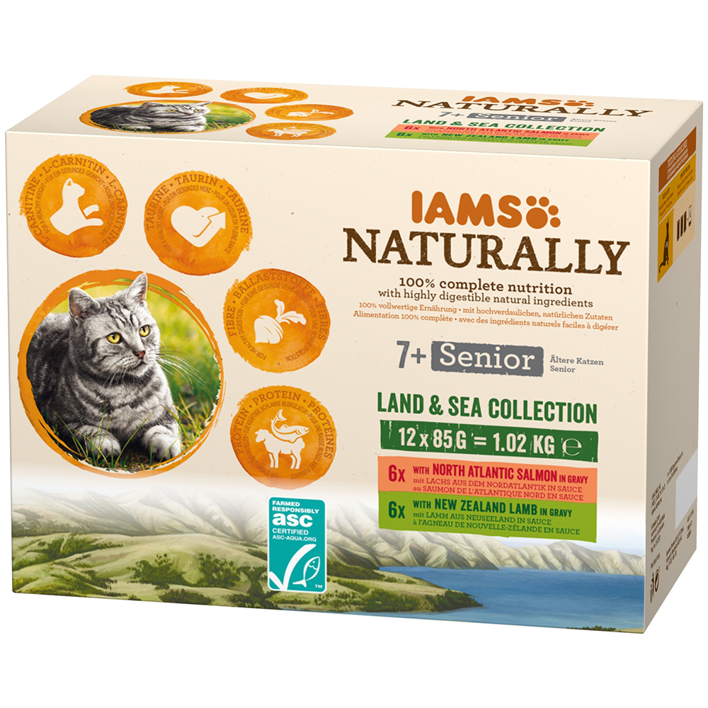 36 + 12 gratis! 48 x 85 g IAMS Naturally Land & Sea Collection - Senior von Iams