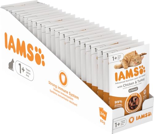 IAMS Delights Katzenfutter Nass mit Huhn & Pute in Sauce - vollwertiges Nassfutter für erwachsene Katzen, 24 x 85g Beutel von Iams