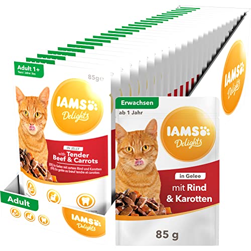 IAMS Delights Katzenfutter Nass mit saftigem Rind & Karotten in Gelee - vollwertiges Nassfutter für erwachsene Katzen, 24 x 85g Beutel von Iams