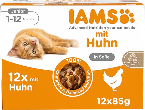 IAMS Delights Kitten Nassfutter - Multipack Katzenfutter mit Huhn in Sauce, hochwertiges Futter für Junior Kätzchen von 1-12 Monate, 12 x 85g von Iams