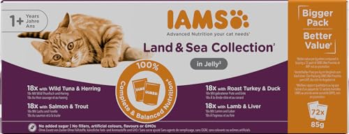 IAMS Delights Land & Sea Collection Katzenfutter Nass - Multipack mit Fleisch und Fisch Sorten in Gelee, Nassfutter für Katzen ab 1 Jahr, 72 x 85 g von Iams