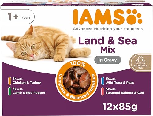 IAMS Delights Land & Sea Collection Katzenfutter Nass - Multipack mit Fleisch und Fisch Sorten in Sauce, Nassfutter für Katzen ab 1 Jahr, 12 x 85 g von Iams