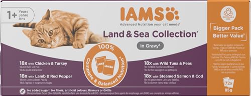 IAMS Delights Land & Sea Collection Katzenfutter Nass - Multipack mit Fleisch und Fisch Sorten in Sauce, Nassfutter für Katzen ab 1 Jahr, 72 x 85 g von Iams