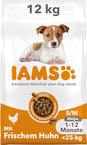 IAMS Junior Hundefutter trocken mit Huhn - Welpenfutter für Welpen im Alter von 1-12 Monaten, geeignet für kleine & mittelgroße Rassen, 12 kg von Iams