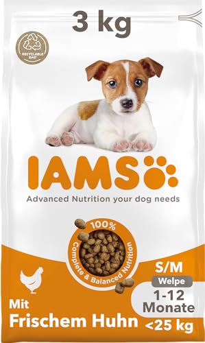 IAMS Junior Hundefutter trocken mit Huhn - Welpenfutter für Welpen im Alter von 1-12 Monaten, geeignet für kleine & mittelgroße Rassen, 3 kg von Iams