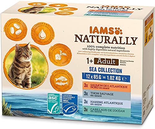 IAMS Naturally Katzenfutter Nass in Sauce - hochwertiges Nassfutter mit Fisch für erwachsene Katzen, Sea Collection, 12 x 85 g von Iams