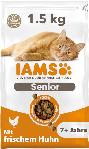 IAMS Senior Katzenfutter trocken mit Huhn - Trockenfutter für ältere Katzen ab 7 Jahren, 1,5 kg von Iams