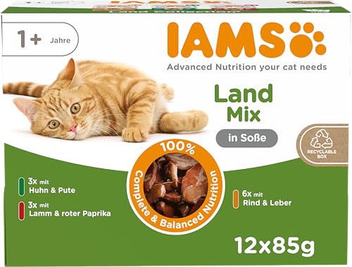 IAMS Delights Land Collection Katzenfutter Nass - Multipack mit Fleisch Sorten (Lamm, Rind, Huhn & Pute) in Sauce, Nassfutter für Katzen ab 1 Jahr, 12 x 85g von Iams