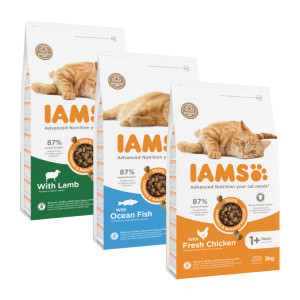 Iams Adult Kombi-Packung mit Fisch/Lamm/Huhn Katzenfutter 3 x 3 kg von Iams