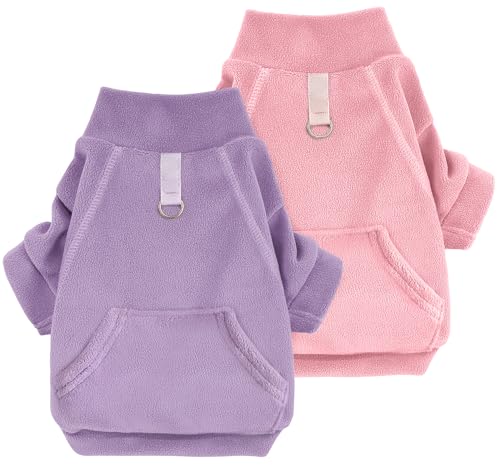 Idepet Fleece-Hundepullover, 2 Stück, Winterkleidung, Rollkragen, Hunde-Sweatshirt, Haustierkleidung, dehnbar, für kleine Hunde, Katzenbekleidung mit Leinen-Ring, Rosa, Lila, Größe L von Idepet