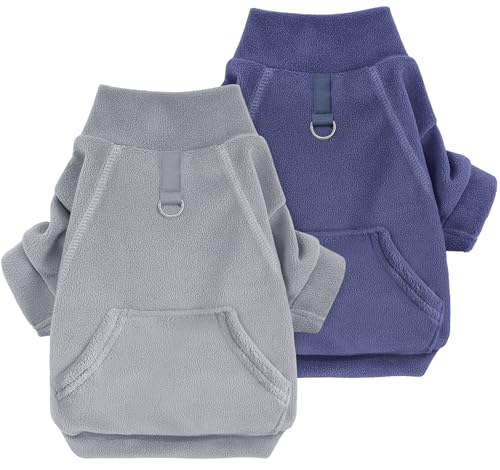 Idepet Fleece-Hundepullover für Hunde, Rollkragen, Hunde-Sweatshirt, Haustierkleidung, dehnbar, für kleine Hunde, Mantel mit Leine, Ring, Katzenbekleidung mit Tasche (Grau + Marineblau, Größe von Idepet