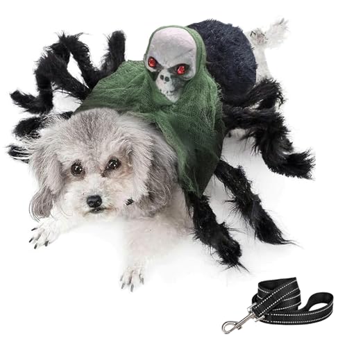 Idepet Halloween-Hundekostüm, Spinnenkostüm mit Leine, lustige Urlaubs-Cosplay-Kleidung, Halloween-Schädel-Verkleidung, Dekoration für Hunde und Katzen (grüner Totenkopf, Größe L) von Idepet