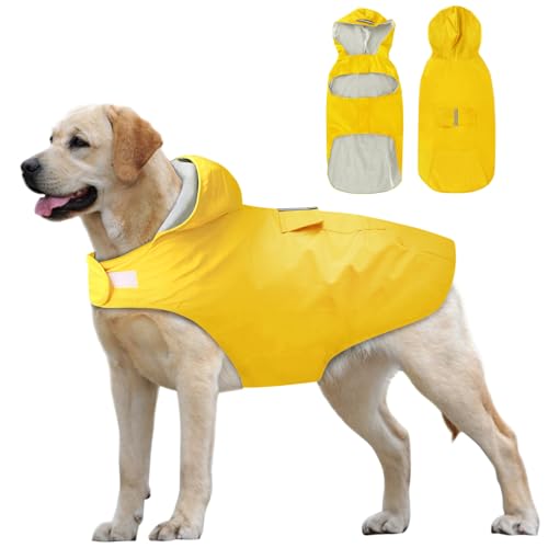 Idepet Regenmantel für Hunde, mit Kragenloch wasserdicht reflektierend Winddicht Poncho mit Kapuze für kleine mittelgroße und große Hunde (Gelb, 3XL) von Idepet