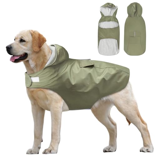 Idepet Regenmantel für Hunde, mit Kragenloch wasserdicht reflektierend Winddicht Poncho mit Kapuze für kleine mittelgroße und große Hunde (Grün, XL) von Idepet