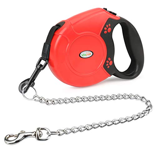 Idepet Robuste einziehbare Hundeleine für kleine und mittelgroße Hunde, Anti-Kau-Stahlkette, 360 Grad verwicklungsfrei, Break und Lock System, 4,8 m Leine für den Hund (rot, flaches Seil) von Idepet