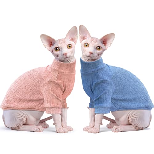 Idepet Sphynx Hundepullover für Katzen, weich, für Welpen, niedlicher Katzen-Pyjama, Overall, Baumwolle, Winter-Rollkragen für Katzen und Teetasse, Chihuahua, 2er-Pack, Blau und Rosa, XS von Idepet