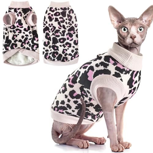 Idepet Sphynx Katzenkleidung, haarloser Katzenpullover, weiches Kätzchen-Shirt, niedlicher Leopardenmuster, Katzenweste, Pullover, Pyjama, Overall, Baumwollkleidung für Katzen, Welpen, Rosa, Größe S von Idepet