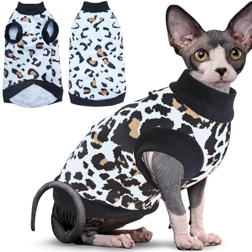 Idepet Sphynx Katzenkleidung, haarloser Katzenpullover, weiches Kätzchen-Shirt, niedlicher Leopardenmuster, Katzenweste, Pullover, Pyjama, Overall, Baumwollkleidung für Katzen, Welpen, Weiß, Größe S von Idepet