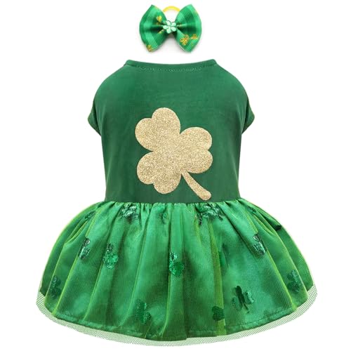 Idepet St. Patrick's Day Hundekleid mit Schleife, Tüllrock für kleine Hunde, Mädchen, grünes Welpenkleid, Katzenbekleidung, Haustier-Urlaubs-Outfits (Grün, Größe 2, L) von Idepet