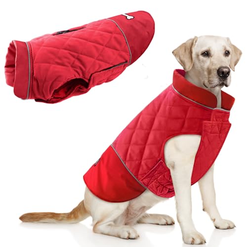 Idepet Winddichter Hundemantel Winter Warme Jacke,Anti-Schneeanzug Hundebekleidung für kleine mittelgroße Hunde mit Geschirrloch Blau Rosa Grau (Rot, 2XL) von Idepet