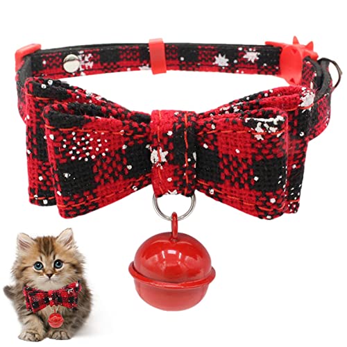 Idezek Weihnachtskatzenhalsband mit Schleife, Klassische rote Karierte Schneeflockenmuster-Hundehalsbänder, Weihnachts-Schneeflocken-Hundehalsbänder für Haustiere mit Fliege und Glöckchen für kleine von Idezek