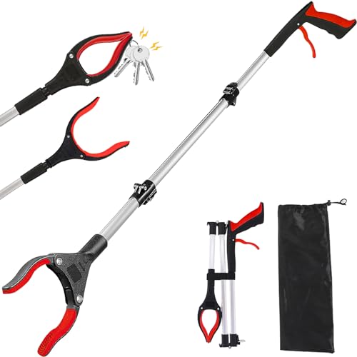 Idota Greifzange für Senioren 109cm Faltbare Greifer mit Magnet-Greifarm 360° Drehbarer Kopf Aluminium Müllzange Greifzange Langer Greif-Werkzeug für Müll/Wurf Pflücker Hand Greifer (Rot) von Idota