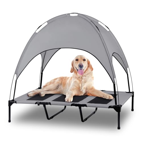 Elaviertes Outdoor-Hundebett mit Baldachin, rasierter, abnehmbarer Bezug, kühlendes Hundebett mit wasserfestem Schatten, Hundezelt, tragbar, für große Hunde, Haustiere (Dunkelgrau) von Iheqard