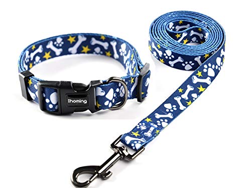 Ihoming Hundehalsband und Leine, Set für das tägliche Gehen im Freien, Laufen, Training, Knochen-Design für große Jungen Mädchen Hunde Katzen Haustiere, L-bis zu 36,3 kg von Ihoming