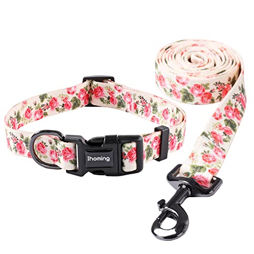 Ihoming Hundehalsband und Leine, Set für tägliches Spazierengehen, Laufen, Training, rosa Blumen, für große Jungen, Mädchen, Hunde, Katzen, Haustiere, Größe L bis zu 36 kg von Ihoming