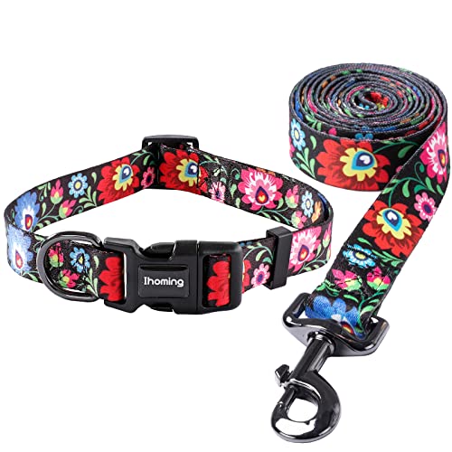 Ihoming Hundehalsband und Leine, Set für tägliches Spazierengehen, Laufen, Training, schwarz, buntes Blumen-Design, für kleine Jungen, Mädchen, Hunde, Katzen, Haustiere, Größe S bis zu 9 kg von Ihoming