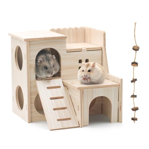 Hamsterhaus und Versteck aus Holz, Doppeldeckerhütte, kleiner Käfig, Zubehör für Zwerge, Rennmäuse, Mäuse, Ratten, Kleintiere (8 Stück) von Ilofdsn