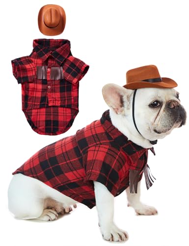Impoosy 2 Stück Hunde-Halloween-Kostüm, Cowboy-Shirt mit Haustierhut, Welpen, lustige Halloween-Kuh-Jungen-Shirts mit Hüten (2XL) von Impoosy