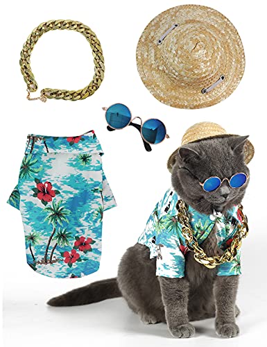 Impoosy Hawaii-Hunde-T-Shirt, Sommerkleidung, Katze, Sonnenbrille, lustiger Strohhut, Kätzchen-Kostüme mit goldfarbenem Kettenhalsband, Größe M, Cyanblau von Impoosy