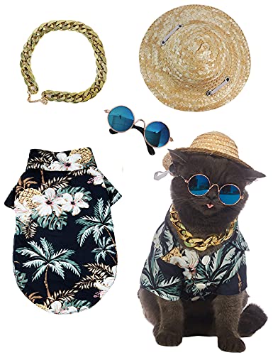 Impoosy Hawaiianisches Hunde-T-Shirt, Sommerkleidung, Katze, Sonnenbrille, lustiger Strohhut, Kätzchen-Kostüme mit goldfarbenem Kettenhalsband (Größe L, Schwarz) von Impoosy