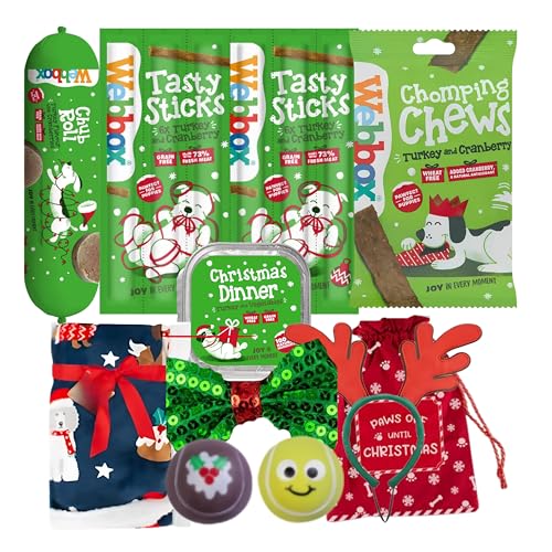 Weihnachtliches Hundeleckerli-Spielzeug, Geschenk, Türkei und Cranberry, Hundestäbchen, festliche Pastete, Chomp- und Döbelrolle mit Weihnachtssack für Hunde, Spielzeug-Paillettenschleife, von Infinite Emblems