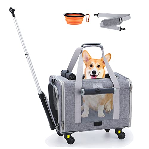 Ingkee Hundetragetasche mit Rädern, Fluggesellschaften zugelassene Outdoor Rolling Pet Carrier mit Teleskopgriff und Schultergurt für Reisen, Grau von Ingkee