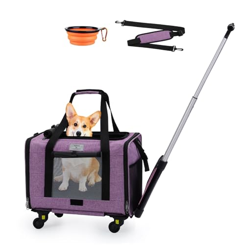 Ingkee Tragetasche für Haustiere mit Rädern, von Fluggesellschaften zugelassene Outdoor-Rolltasche für Hunde und Katzen mit Teleskopgriff und Schultergurt für Reisen, Lila von Ingkee