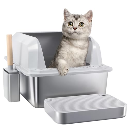 Enclosed Extra Large Cat Litter Box with Lid, Metal Litter Tray with High Wall Sides for Big Cats, Big Scoop &Holder, Footpad, Odor Free, Non-Sticky, Anti-Urine Leakage, Easy Cleaning von Ink Camp