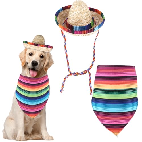 Sombrero-Hut für Hunde, mexikanisches Hundekostüm, mehrfarbig, für Haustiere, Sombrero-Hüte und Dreieck-Schal, Lätzchen, mexikanischer Strohhut für kleine Hunde, Welpen, Katzen, mexikanische Party, von InnoHHustle