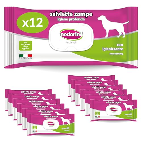 Inodorina, Funktionelle Pfotentücher für Hunde, Reinigende und Desinfizierende Wirkung, mit atürlichen organischen Substanzen, täglicher Gebrauch, mit Benzalkoniumchlorid, Bündel 12 Stück von Inodorina