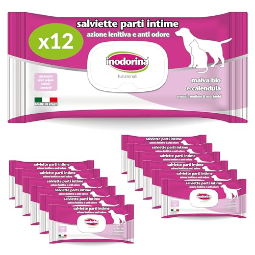 Inodorina, Intim-Funktionstücher für Hunde und Katzen, Feuchtigkeitsspendende und Geruchshemmende Wirkung, Organische Naturstoffe, Täglicher Gebrauch, Bio-Malve und Ringelblume, Bündel 12 Stück von Inodorina