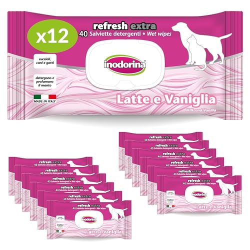 Inodorina, Refresh Extra Tücher für Hunde, Reinigungstücher, mit beruhigendem, nährendem und feuchtigkeitsspendendem Arganöl, tägliche Anwendung, Milch und Vanille, Bündel 12 Stück von Inodorina