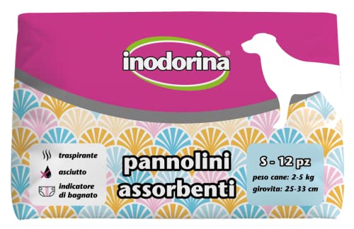 Inodorina, Saugfähige Einwegwindeln, atmungsaktive Technologie und Nässeindikatoren, mit Schwanzloch und Langen Flügeln, für Hunde mit einem Gewicht von 2-5 kg, Größe S, 12 Stück von Inodorina